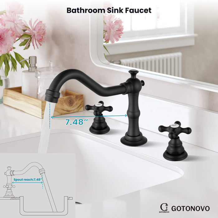gotonovo Bathroom Sink Faucet Deck Mount Widespread Double Mixing Tap Cross Knobs 3 Hole with Pop Up Drain