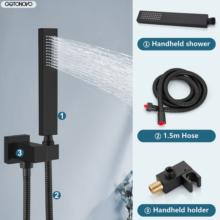gotonovo Square 10 inch regendouchekop drukbalans douchesysteem wandgemonteerde douchekraan complete set met handsproeier inbegrepen ruw ventiellichaam en bekleding 