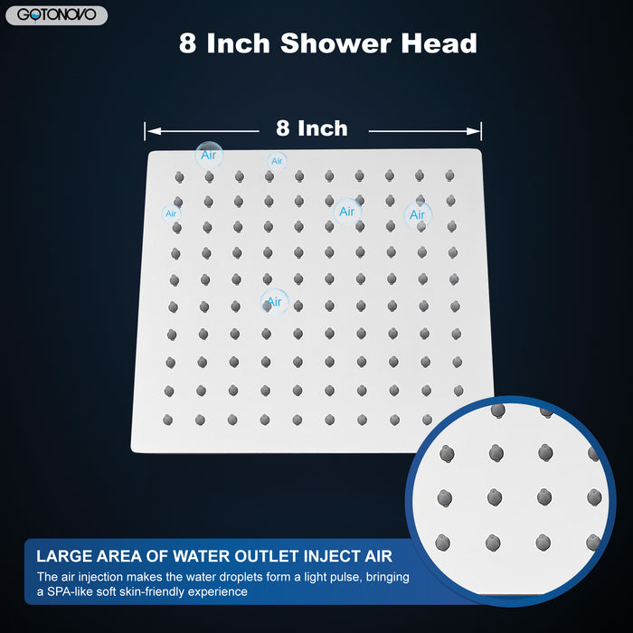 gotonovo 8 Inch Rainfall Showerhead Square Stainless Steel Rain Shower Head High Pressure Waterfall Crackproof Coverage with Silicone Nozzle 1/16" Ultra Thin Design Swivel Connector