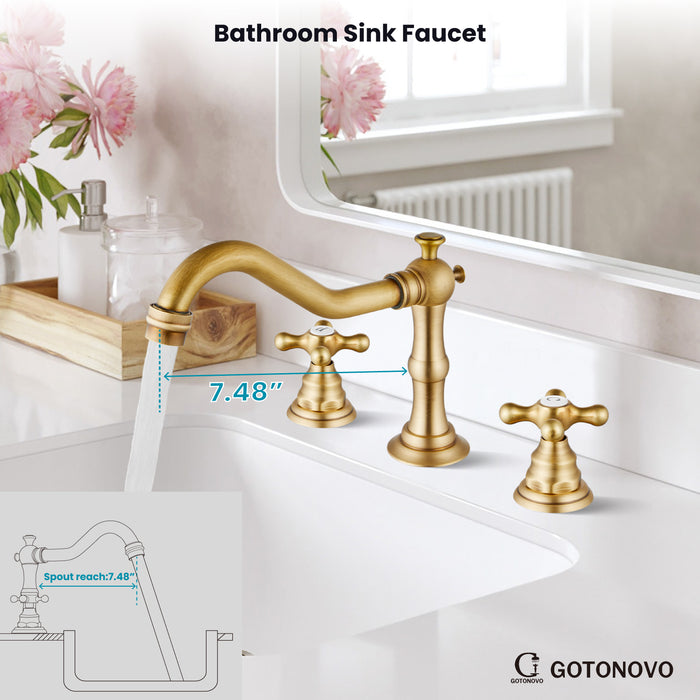 gotonovo Bathroom Sink Faucet Deck Mount Widespread Double Mixing Tap Cross Knobs 3 Hole with Pop Up Drain