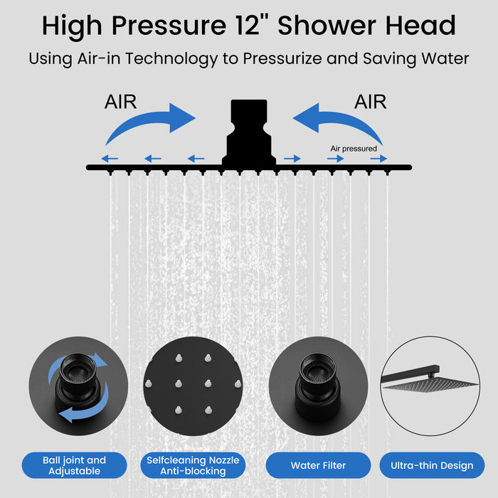 gotonovo Shower Faucet with Full Body Jets Rain Mixer 12 inch Rainfall Shower Head and Handheld Spray Combo Wall Mounted Rough-in Valve and Trim Included with 6pcs Body Message Jets