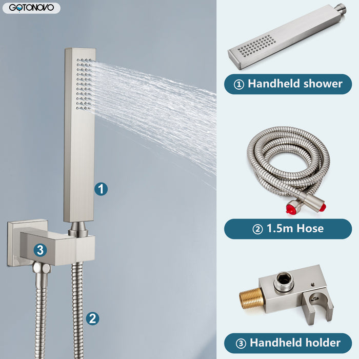 gotonovo Square 10 inch regendouchekop drukbalans douchesysteem wandgemonteerde douchekraan complete set met handsproeier inbegrepen ruw ventiellichaam en bekleding 