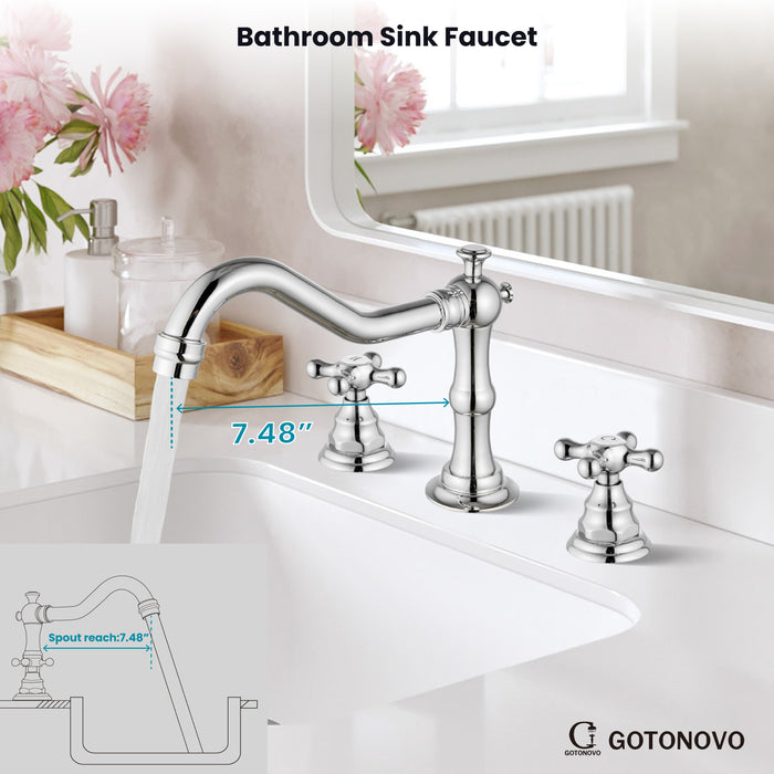 gotonovo Bathroom Sink Faucet Deck Mount Widespread Double Mixing Tap Cross Knobs 3 Hole with Pop Up Drain