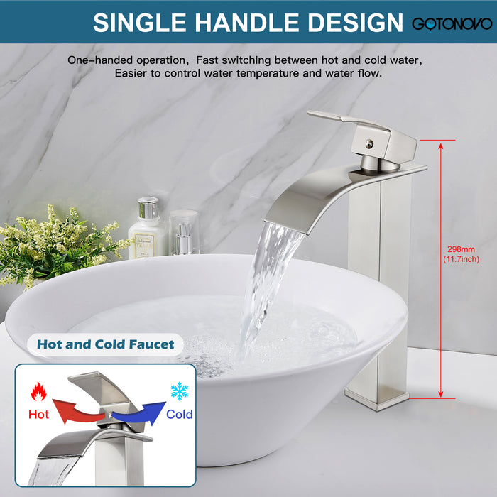 gotonovo Vessl Sink Tall Faucet Waterfall Bathroom Bowl Single Handle Single Hole Spout Sink Faucet Deck Mount with Large Rectangular Lavatory Vanities