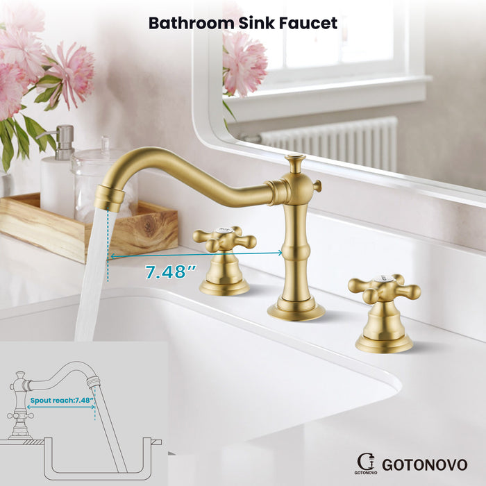 gotonovo Bathroom Sink Faucet Deck Mount Widespread Double Mixing Tap Cross Knobs 3 Hole with Pop Up Drain