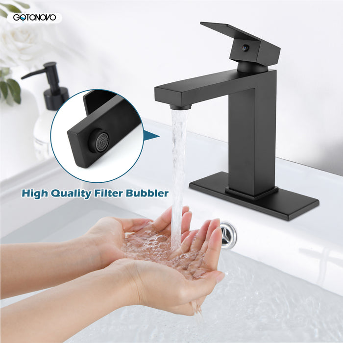 gotonovo Bathroom Sink Faucet Single Handle 1 Hole One Lever Stainless Steel SUS304 Commercial Deck Mount Lavatory Mixer Tap Include Pop Up Drain and Cover Plate