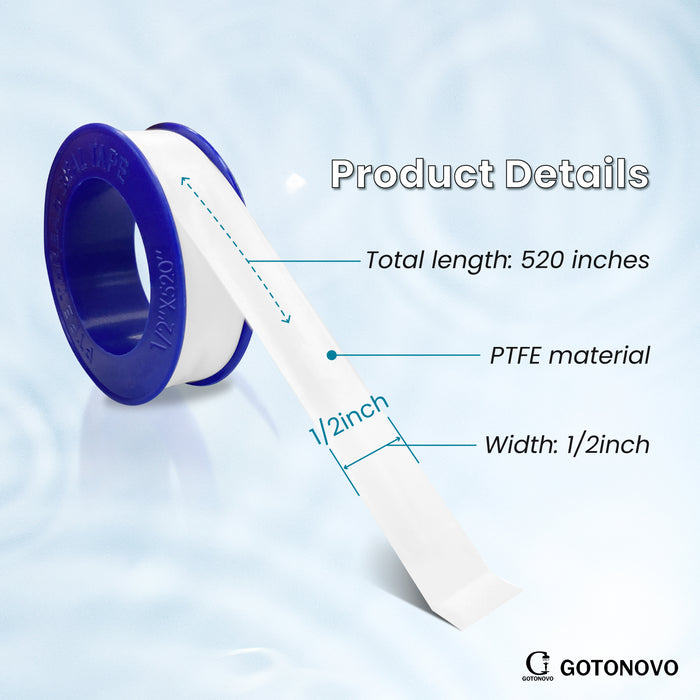gotonovo Teflon Tape Plumbing, PTFE Industrial Thread Sealant Tape, Water Shower Hose Pipe Seal Tape, Transparent Anti-Leaking Sealant, 520" Length,1/2 Inch Width, White