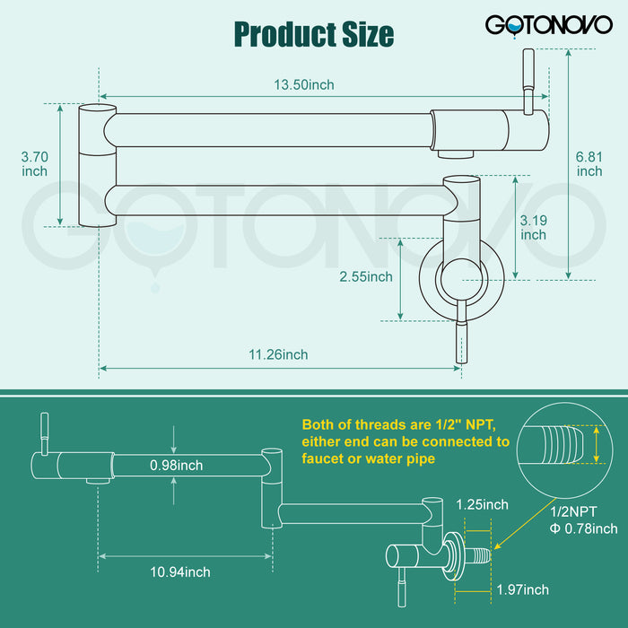 gotonovo Pot Filler 24" Wall Mount Folding Stretchable Kitchen Restaurant Faucet Stainless Steel Potfiller with Double Joint Swing Arm Single Hole Two Handles 1/2NPT Male