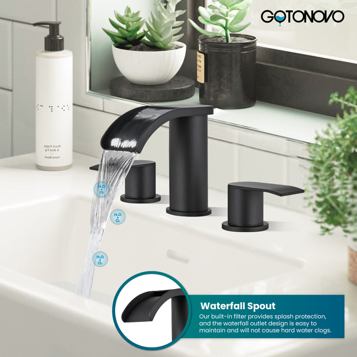 gotonovo 8 inch Waterfall Widespread Bathroom Faucet Set Bathroom Sink Faucet 3 Hole 2 Handle Vanity Lavatory Deck Mount with Pop Up Drain and Water Supply Lines