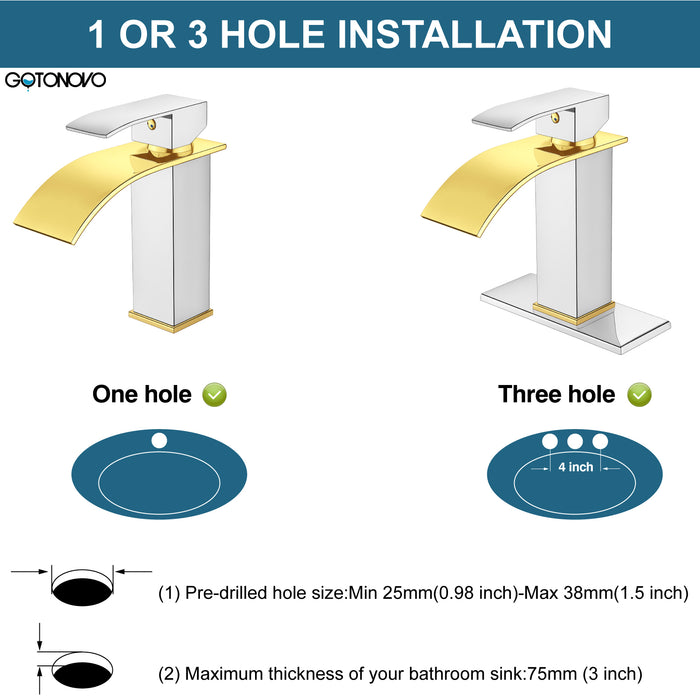 gotonovo Bathroom Sink Faucet Single Handle 1 Hole Waterfall Spout Vanity Sink Faucet Deck Mount Mixer Tap Lavatory with Deck Plate and Pop Up Drain