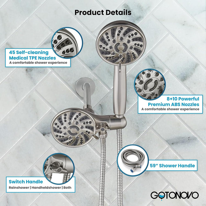 gotonovo 5 Settings ABS Shower Head with 5 Modes ABS Handheld Spray Shower Trim Kit High Pressure Dual 2 in 1 Showerhead Combo
