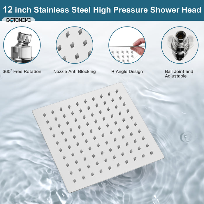 gotonovo Square 12 inch regendouchekop drukbalans douchesysteem wandgemonteerde douchekraan complete set met handsproeier inbegrepen ruw ventiellichaam en bekleding 