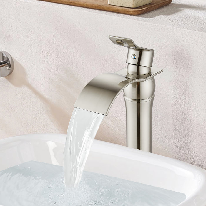 gotonovo Waterfall Vessel Sink Faucet for Sink 1 Hole,Single Handle Tall Bathroom Sink Faucet,Brass Waterfall Bathroom Faucet Arc Body Mixer Tap with Pop Up Drain and Supply Line