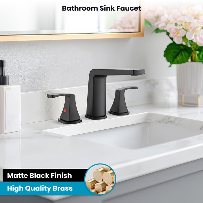 gotonovo Bathroom Sink Faucet 3 Holes 2 Handles Widespread 8 Inch Bathroom Faucet with Pop Up Drain Hot Cold Water Supply Lines Lavatory Vanity Mixer Tap, Thin Style