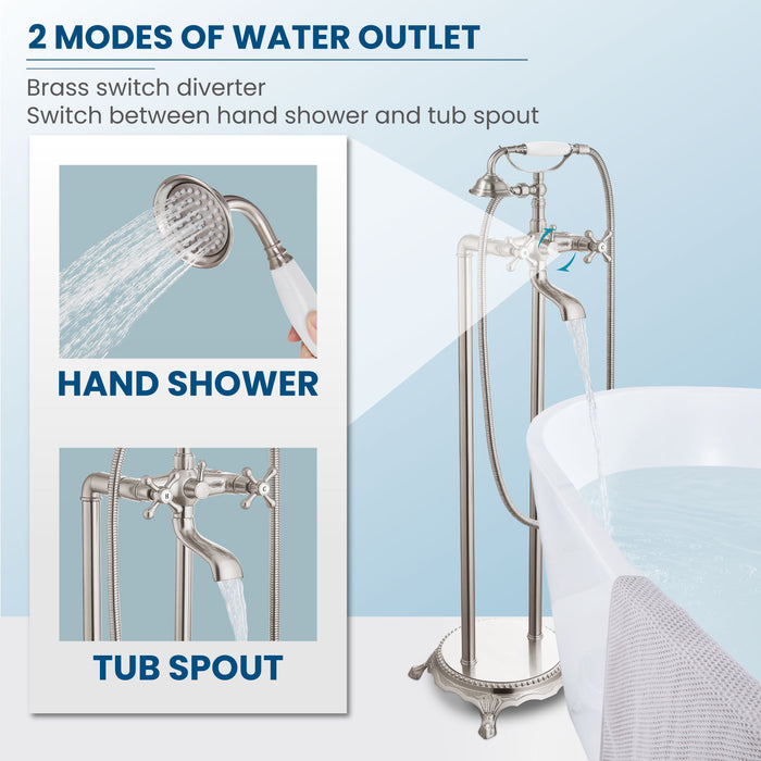 gotonovo Free Standing Tub Faucet,Ceramic Handheld Spray,Clawfoot Freestanding Bathtub Faucet,Vintage Floor Mount High Flow Tub Filler with Double Cross Handles,360°Rotation Spout