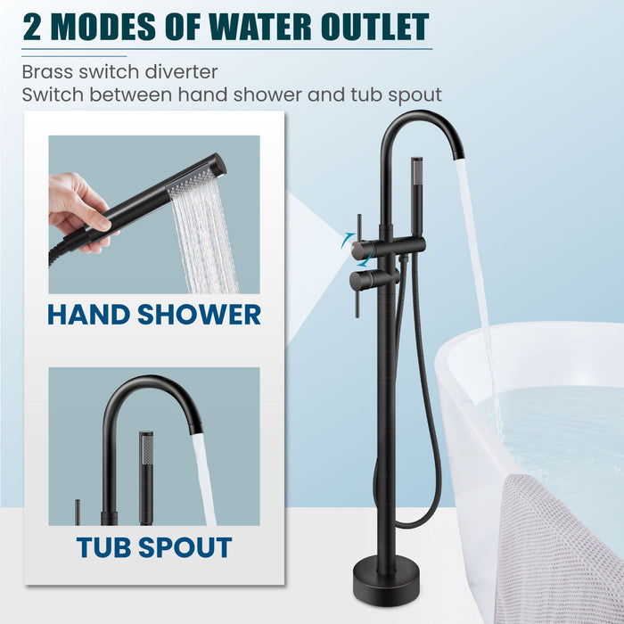 gotonovo Freestanding Tub Faucets Floor Mount Tub Filler, High Flow Free Standing Bathtub Faucet Stand Alone with Handheld Shower and Rough-in Valve,360° Swivel High-Arc Spout,SUS304