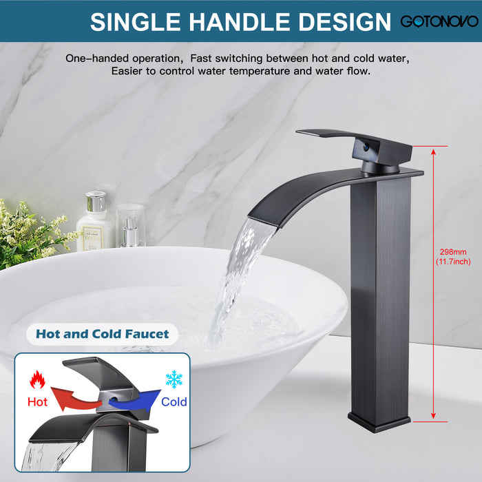 gotonovo Vessl Sink Tall Faucet Waterfall Bathroom Bowl Single Handle Single Hole Spout Sink Faucet Deck Mount with Large Rectangular Lavatory Vanities