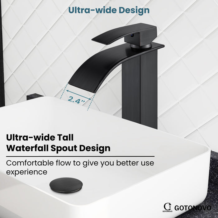 gotonovo Bathroom Sink Faucet Tall Large Waterfall Spout Deck Mount Stainless Steel 304 Single Hole Single Handle Mixer Tap with Supply Line(2 styles-Without Pop Up Drain & With Pop Up Drain)
