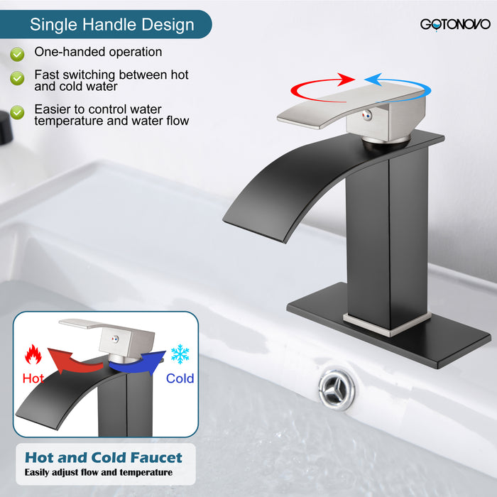 gotonovo Bathroom Sink Faucet Single Handle 1 Hole Waterfall Spout Vanity Sink Faucet Deck Mount Mixer Tap Lavatory with Deck Plate and Pop Up Drain