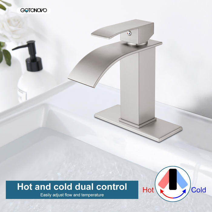 gotonovo Waterfall Bathroom Sink Faucet Single Hole 1 Handle Lavatory Vanity Faucet with Deck Plate Deck Mount Hot & Cold Water Mixer Tap