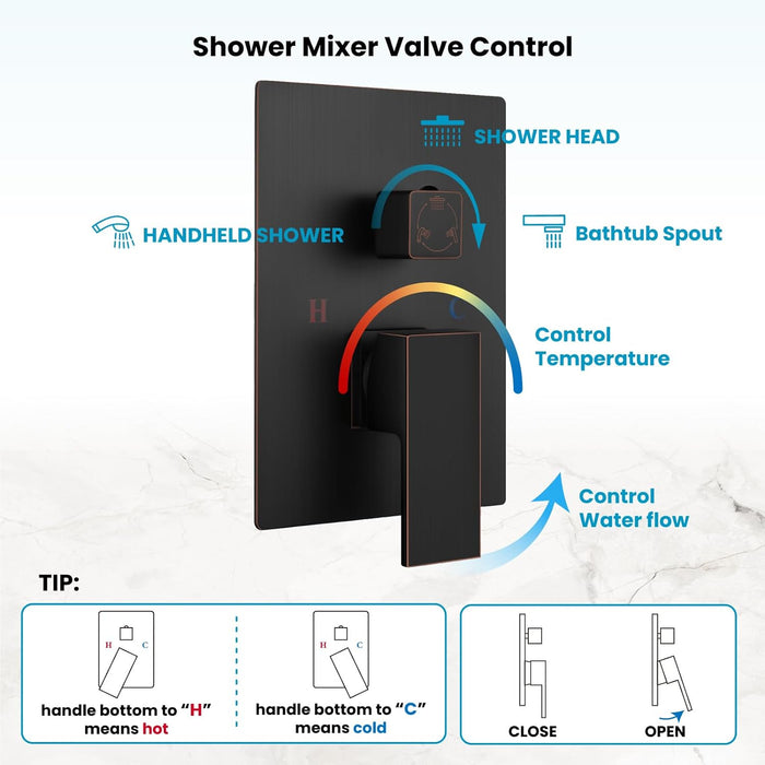 Gotonovo Rain Shower Combo Set Luxury 3-Function with Rotating Tub Spout,Square Rainfall Shower Head and Handheld Spray Rough-in Valve Body and Trim Included