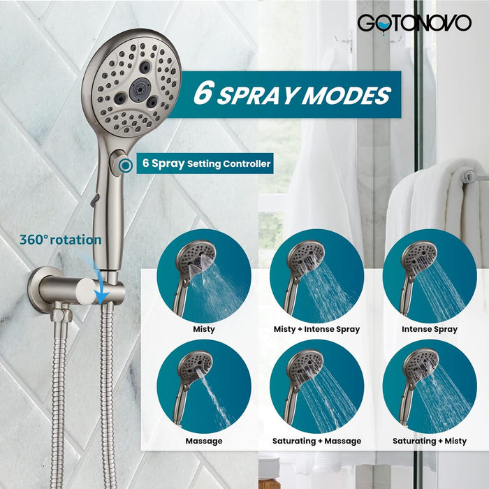 gotonovo Shower Trim Kit 10 inch 3 Modes Round Rainfall Shower Head Wall Mounted 6-Functions ABS Handheld Spray Shower System Pressure Balanced Rough-in Valve and Trim Included