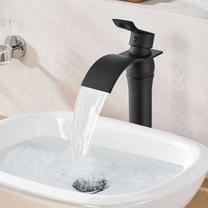 gotonovo Waterfall Vessel Sink Faucet for Sink 1 Hole,Single Handle Tall Bathroom Sink Faucet,Brass Waterfall Bathroom Faucet Arc Body Mixer Tap with Pop Up Drain and Supply Line