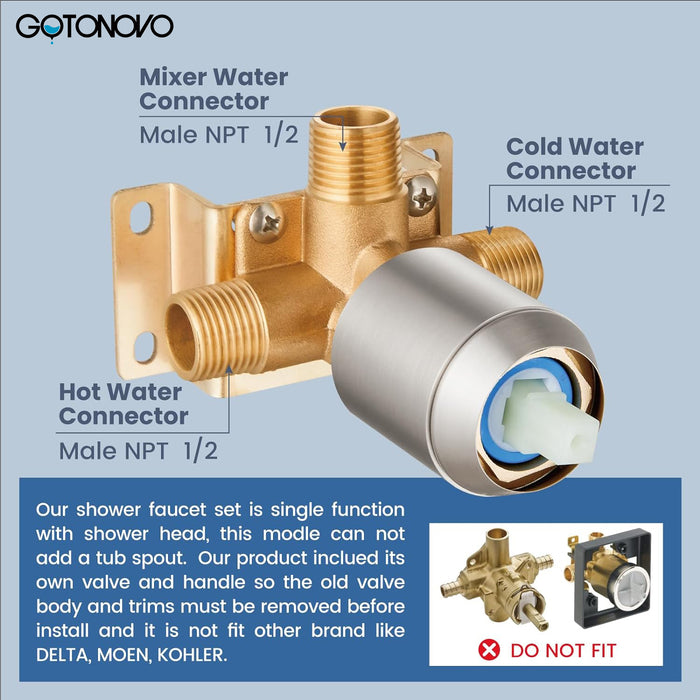 gotonovo Shower Faucet Set, Single Function Shower Trim Kit, Wall Mount 8 Inch Round Rainfall Shower Head and Handle Set, Single Handle Shower System Set Rough-in Valve