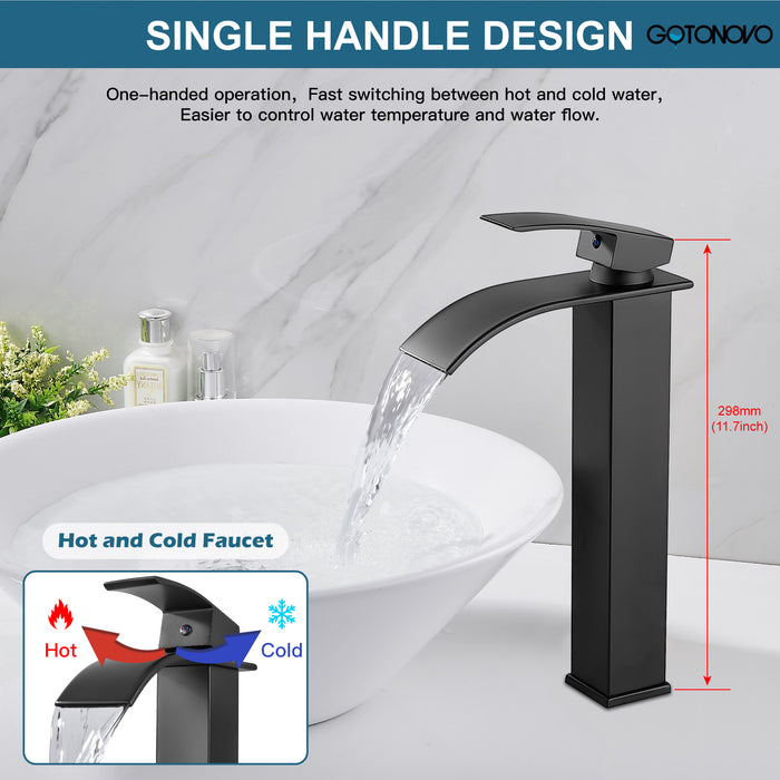 gotonovo Waterfall Bathroom Bowl Vessel Sink Tall Faucet1 Hole Single Handle Lavatory Vanities Mixer Tap Deck Mount with Large Rectangular Spout