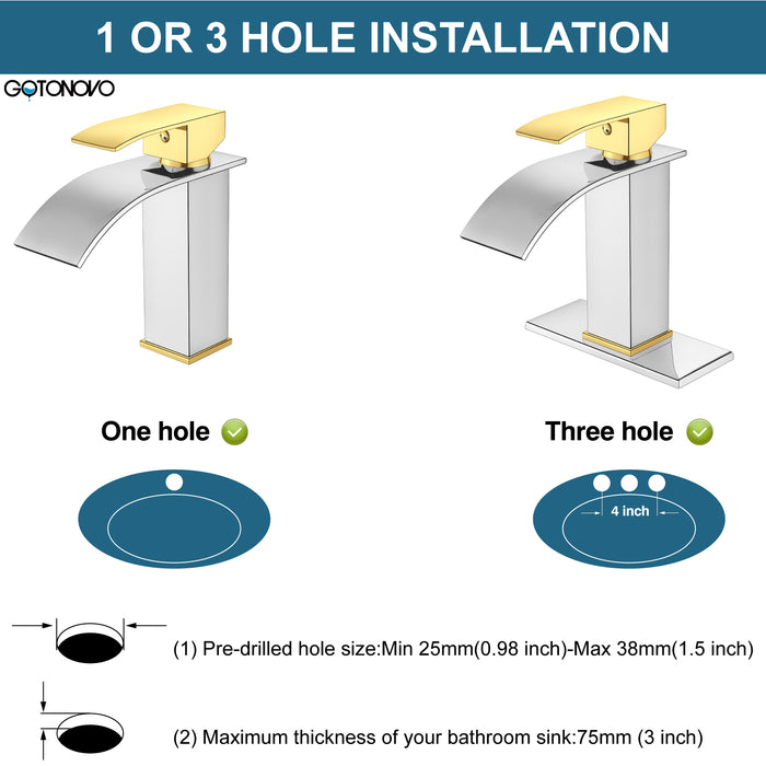 gotonovo Bathroom Sink Faucet Single Handle 1 Hole Waterfall Spout Vanity Sink Faucet Deck Mount Mixer Tap Lavatory with Deck Plate and Pop Up Drain