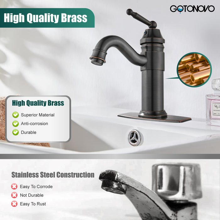 gotonovo Bathroom Sink Faucet Brass One Hole Single Handle Lavatory Fixture Deck Mounted Vanity Vessel Mixer Tap Pop Up Drain Included Hot and Cold Water