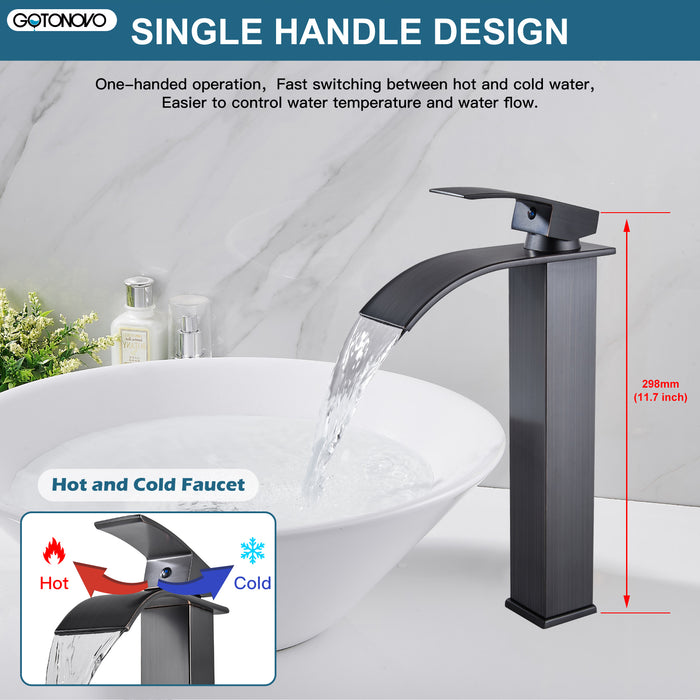 gotonovo Waterfall Bathroom Bowl Vessel Sink Tall Faucet1 Hole Single Handle Lavatory Vanities Mixer Tap Deck Mount with Large Rectangular Spout