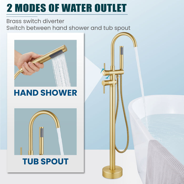 gotonovo Freestanding Tub Faucets Floor Mount Tub Filler, High Flow Free Standing Bathtub Faucet Stand Alone with Handheld Shower and Rough-in Valve,360° Swivel High-Arc Spout,SUS304
