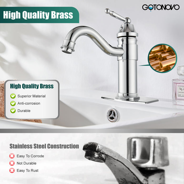 gotonovo Bathroom Sink Faucet Brass One Hole Single Handle Lavatory Fixture Deck Mounted Vanity Vessel Mixer Tap Pop Up Drain Included Hot and Cold Water