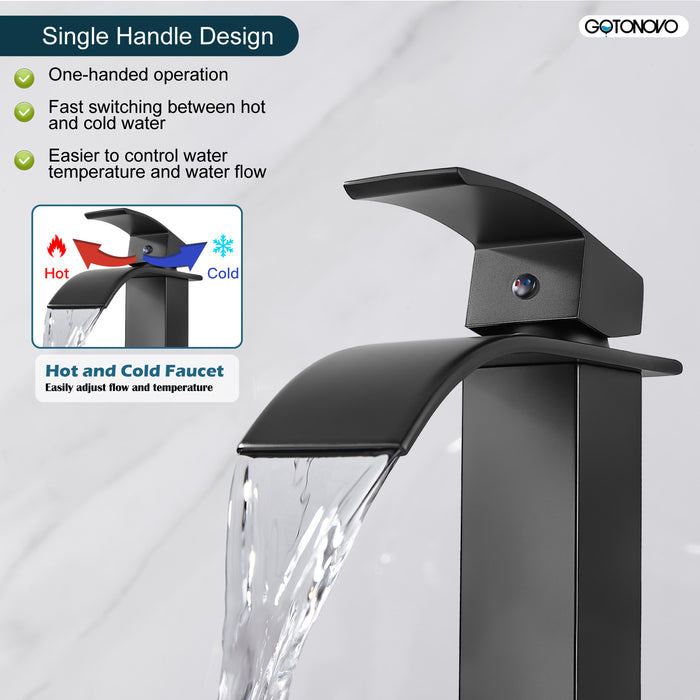 gotonovo Bathroom Sink Faucet Waterfall Spout Deck Mount Single Handle 1 Hole  Deck Plate Pop Up Drain with Overflow with Mixer Tap Lavatory Vanity Sink Faucet Commercial