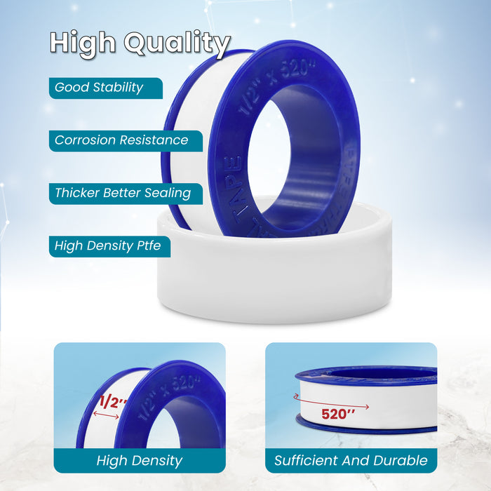 gotonovo Teflon Tape Plumbing, PTFE Industrial Thread Sealant Tape, Water Shower Hose Pipe Seal Tape, Transparent Anti-Leaking Sealant, 520" Length,1/2 Inch Width, White