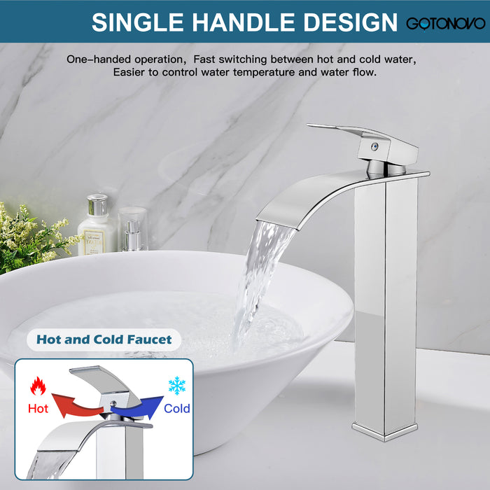 gotonovo Waterfall Bathroom Bowl Vessel Sink Tall Faucet1 Hole Single Handle Lavatory Vanities Mixer Tap Deck Mount with Large Rectangular Spout