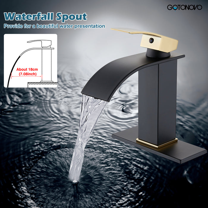 gotonovo Bathroom Sink Faucet Single Handle 1 Hole Waterfall Spout Vanity Sink Faucet Deck Mount Mixer Tap Lavatory with Deck Plate and Pop Up Drain