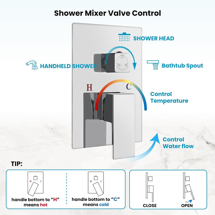 Gotonovo Rain Shower Combo Set Luxury 3-Function with Rotating Tub Spout,Square Rainfall Shower Head and Handheld Spray Rough-in Valve Body and Trim Included
