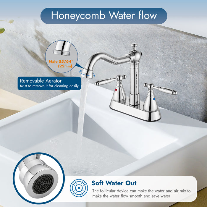 Deck Mount 4 Inch Centerset Bathroom Faucet Double Handles Vanity Sink Faucet Swivel Spout Mixer Tap with Pop up Drain, Long Neck