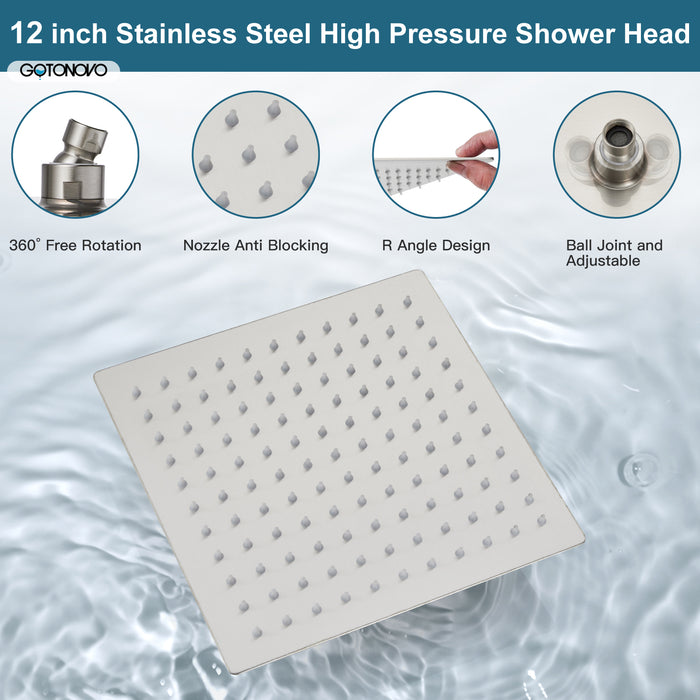 gotonovo Square 12 Inch Rainfall Showerhead Pressure Balance Shower System Wall Mount Shower Faucet Complete Set with Handheld Sprayer Included Rough-in Valve Body and Trim