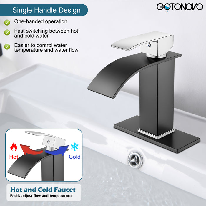 gotonovo Bathroom Sink Faucet Single Handle 1 Hole Waterfall Spout Vanity Sink Faucet Deck Mount Mixer Tap Lavatory with Deck Plate and Pop Up Drain