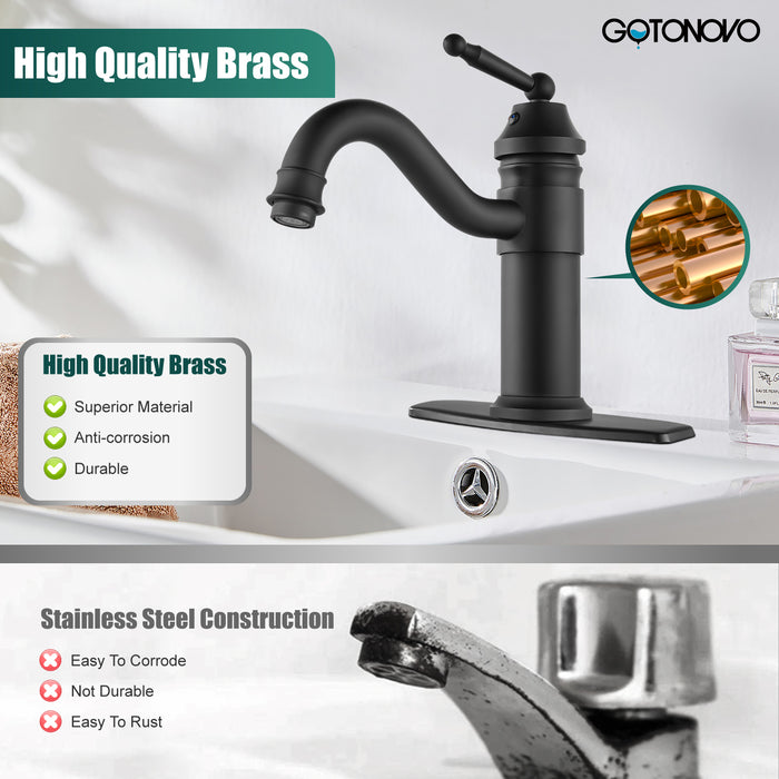 gotonovo Bathroom Sink Faucet Brass One Hole Single Handle Lavatory Fixture Deck Mounted Vanity Vessel Mixer Tap Pop Up Drain Included Hot and Cold Water