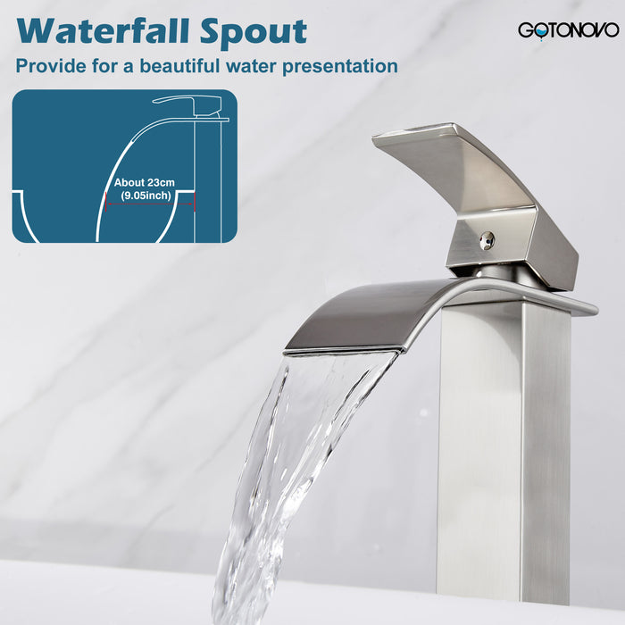 gotonovo Vessl Sink Tall Faucet Waterfall Bathroom Bowl Single Handle Single Hole Spout Sink Faucet Deck Mount with Large Rectangular Lavatory Vanities