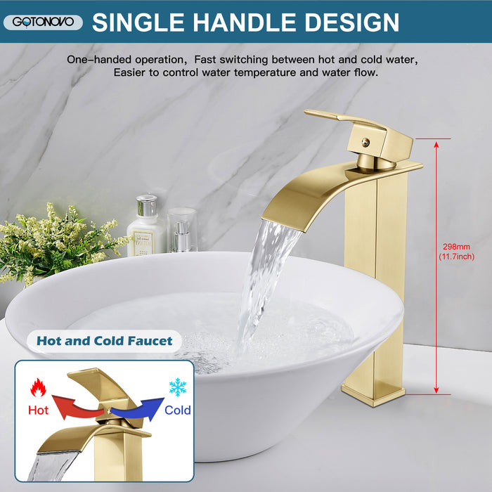 gotonovo Waterfall Bathroom Bowl Vessel Sink Tall Faucet1 Hole Single Handle Lavatory Vanities Mixer Tap Deck Mount with Large Rectangular Spout