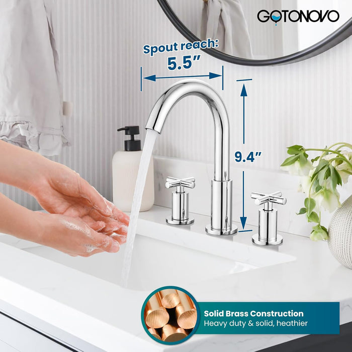 gotonovo 3 Hole Bathroom Faucet 8 inch Widespread Sink Vanity Faucet for Bathroom Sink 2 Cross Handle Deck Mount Basin with Pop Up Drain 360° Swivel Spout