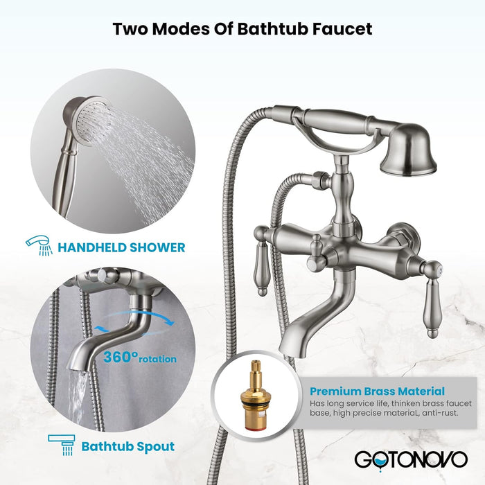 gotonovo Vintage Clawfoot Tub Faucet 3 3/8 Wall Mounted With Handheld Shower Sprayer with Tub Spout Double Level Handle Hot and Cold Water Mixer Shower Faucet Set