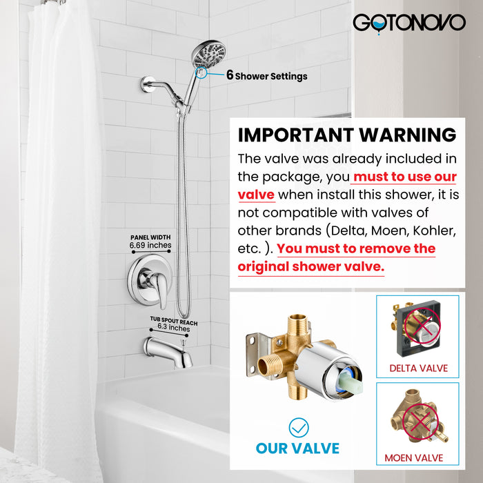 gotonovo Bathroom Shower Head Kit High Pressure Combo System Shower Faucet 6 Modes ABS Handheld Spray Shower Trim Kit Valve Included Shower Head and Handle Set