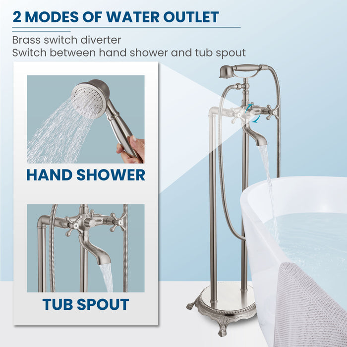 gotonovo Free Standing Tub Faucet,Brass Handheld Spray,Clawfoot Freestanding Bathtub Faucet,Vintage Floor Mount High Flow Tub Filler with Double Cross Handles,360°Rotation Spout