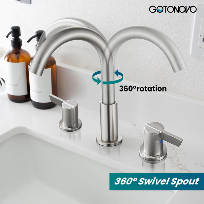 gotonovo 3 Hole Deck Mount 2 Handles Lavatory Basin Bathroom Sink Faucet with Pop Up Drain with Hot and Cold Mixer Valves 8 Inch Widespread Bathroom Faucet Low-Arch 360° Rotation Spout